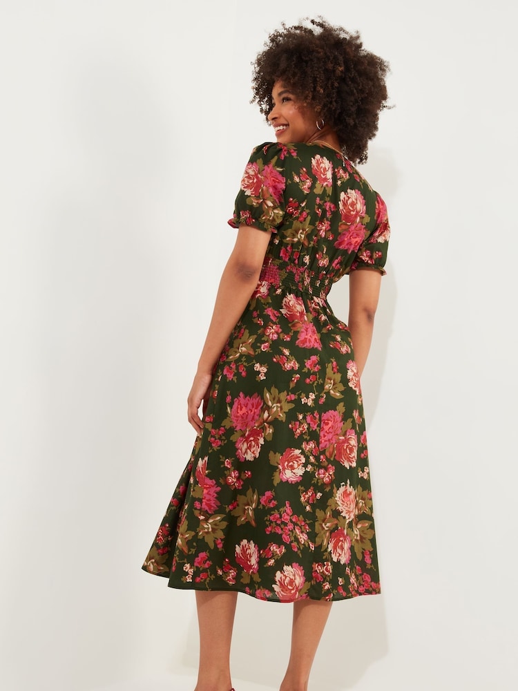 Joe Browns Green Vintage Floral V-Neck Puff Sleeve Midi 100% Cotton Dress - Image 2 of 7