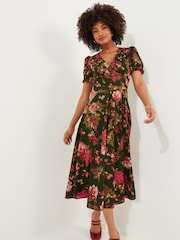 Joe Browns Green Vintage Floral V-Neck Puff Sleeve Midi 100% Cotton Dress - Image 4 of 7