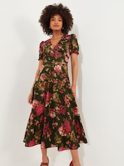 Joe Browns Green Vintage Floral V-Neck Puff Sleeve Midi 100% Cotton Dress - Image 5 of 7