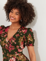 Joe Browns Green Vintage Floral V-Neck Puff Sleeve Midi 100% Cotton Dress - Image 6 of 7