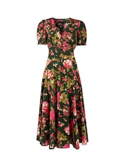 Joe Browns Green Vintage Floral V-Neck Puff Sleeve Midi 100% Cotton Dress - Image 7 of 7