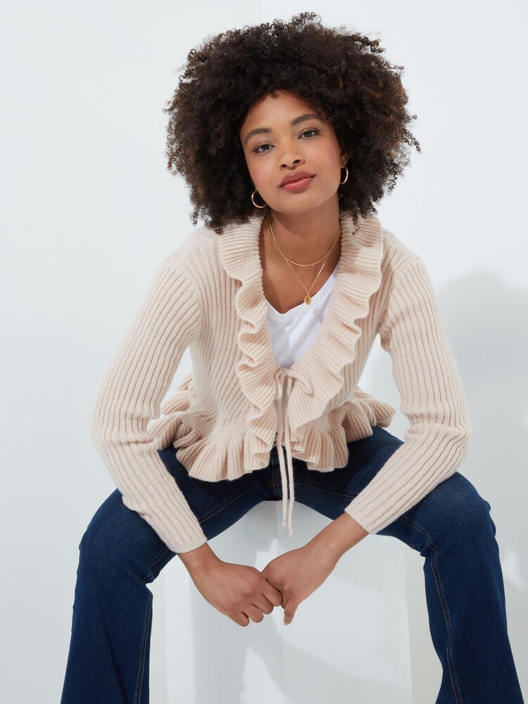 Joe Browns Cream Ribbed Knit Frilly Tie Front Cardigan - Image 1 of 5 Joe Browns Cream Ribbed Knit Frilly Tie Front Cardigan - Image 1 of 5