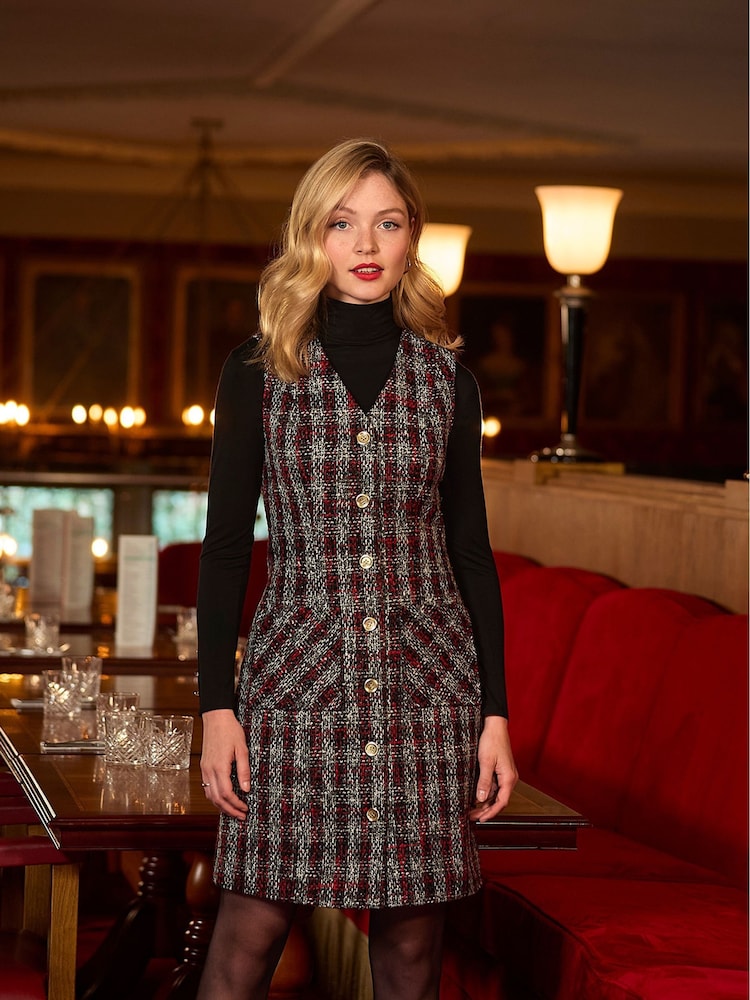 Joe Browns Red Vintage Check Patch Pocket Pinafore Mini Dress - Image 2 of 8