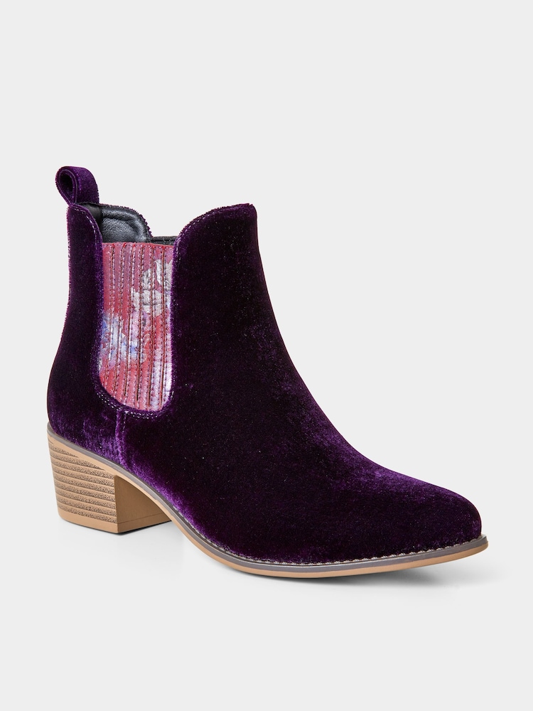 Joe Browns Purple Floral Insert Velvet Chelsea Boots - Image 2 of 4