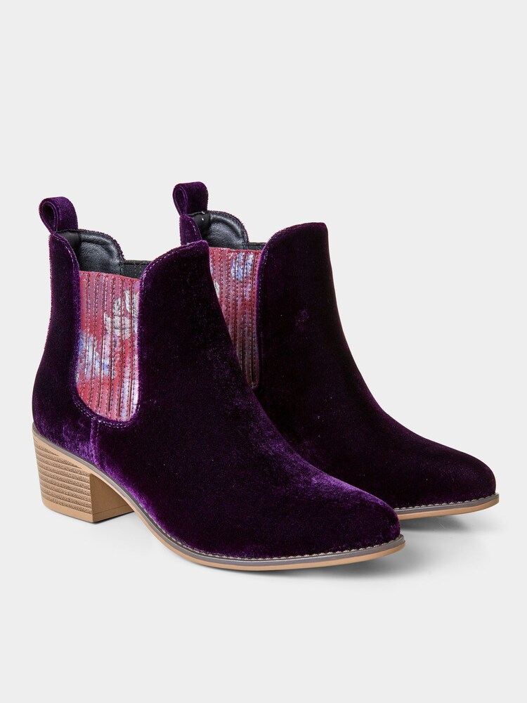 Joe Browns Purple Floral Insert Velvet Chelsea Boots - Image 3 of 4
