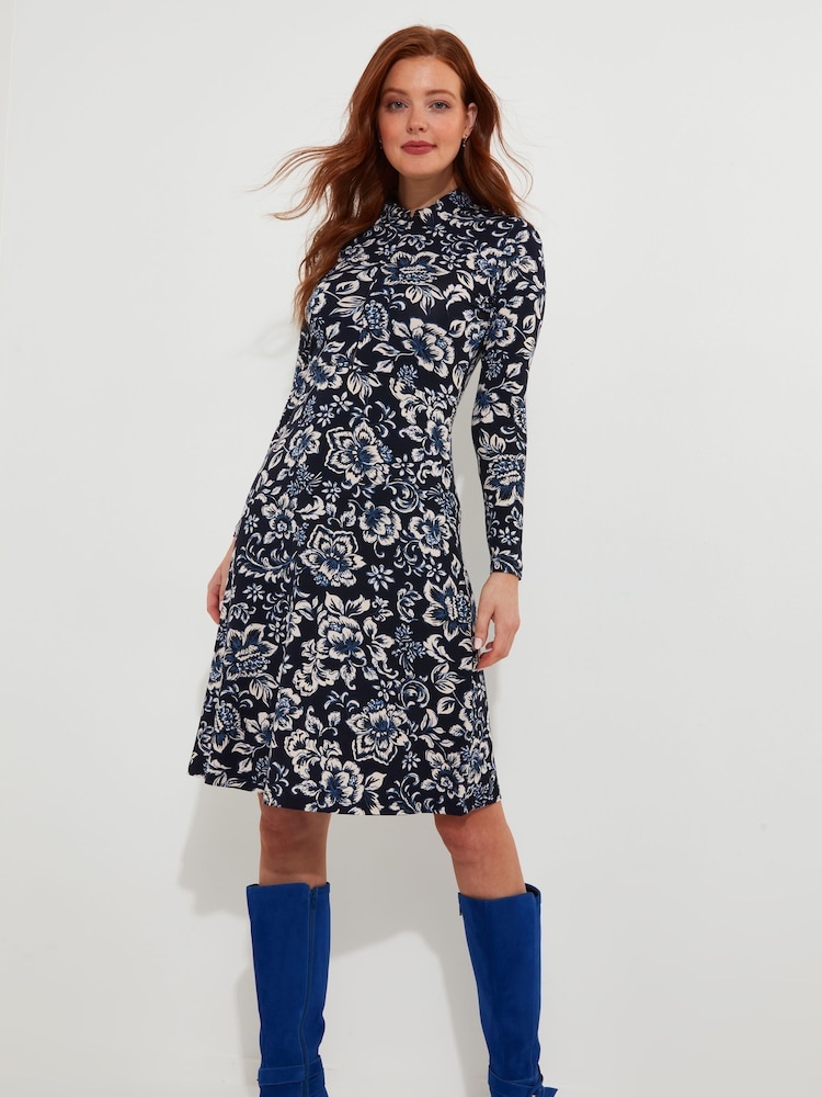 Joe Browns Blue Collared Knee Length Zip Front Floral Jersey Dress - Image 1 of 6