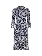 Joe Browns Blue Collared Knee Length Zip Front Floral Jersey Dress - Image 6 of 6