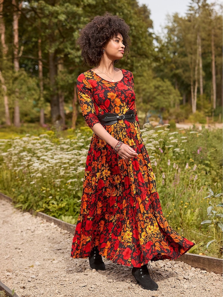 Joe Browns Orange Muted Floral Print Crinkle Cotton Maxi Dress - Image 1 of 7