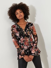 Joe Browns Black Floral Lace Overlay Fluted Sleeve Zip Front Top - Image 1 of 5
