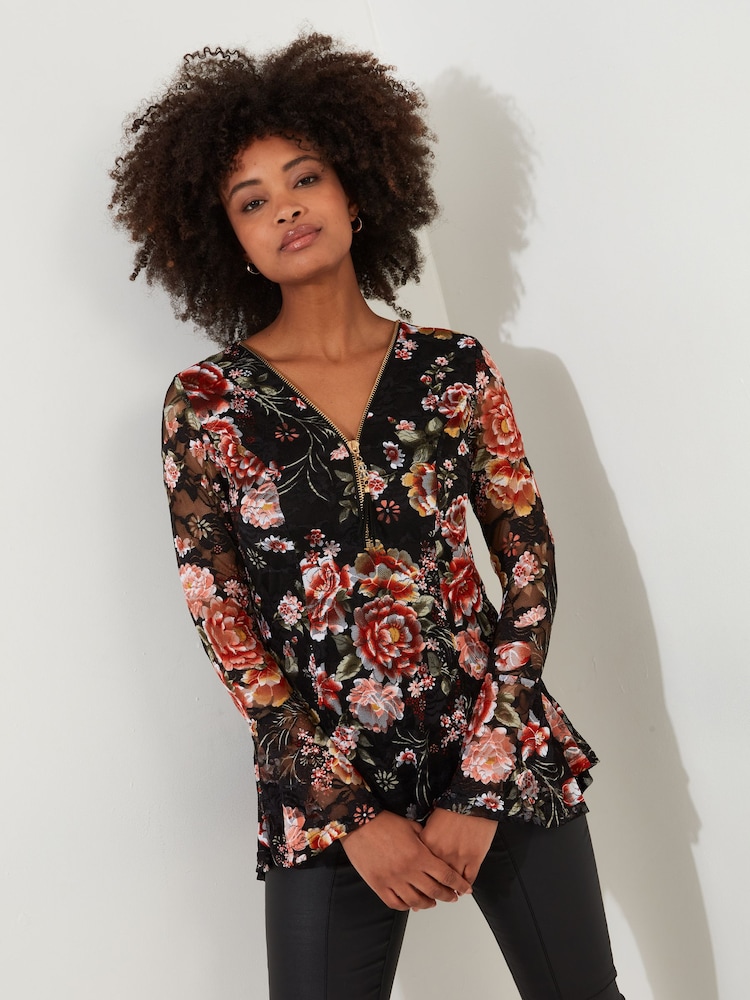 Joe Browns Black Floral Lace Overlay Fluted Sleeve Zip Front Top - Image 1 of 5
