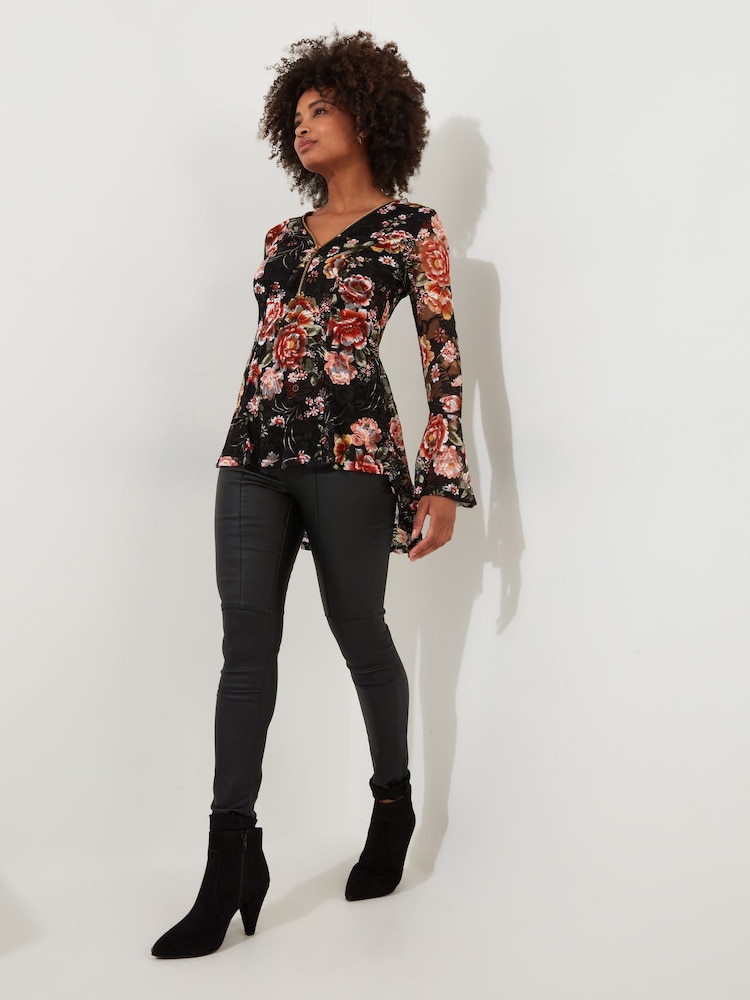 Joe Browns Black Floral Lace Overlay Fluted Sleeve Zip Front Top - Image 2 of 5
