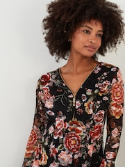 Joe Browns Black Floral Lace Overlay Fluted Sleeve Zip Front Top - Image 3 of 5