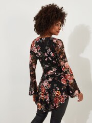 Joe Browns Black Floral Lace Overlay Fluted Sleeve Zip Front Top - Image 4 of 5