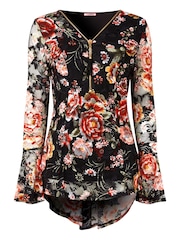 Joe Browns Black Floral Lace Overlay Fluted Sleeve Zip Front Top - Image 5 of 5