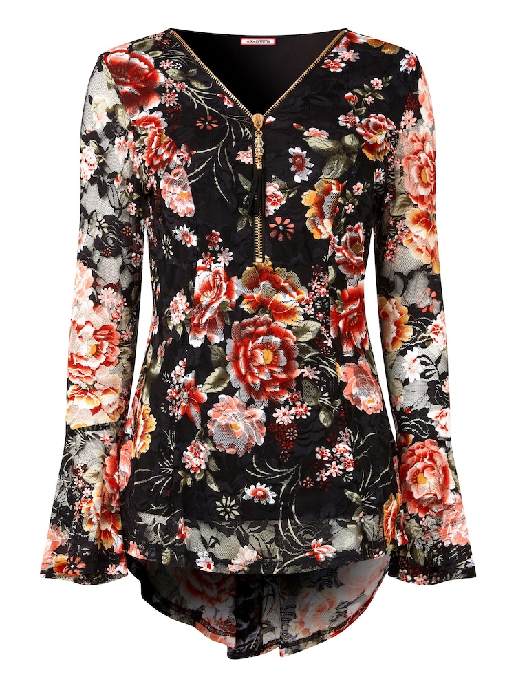 Joe Browns Black Floral Lace Overlay Fluted Sleeve Zip Front Top - Image 5 of 5