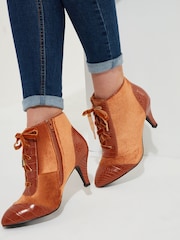 Joe Browns Brown Velvet PU Croc Heeled Ankle Boots - Image 1 of 6