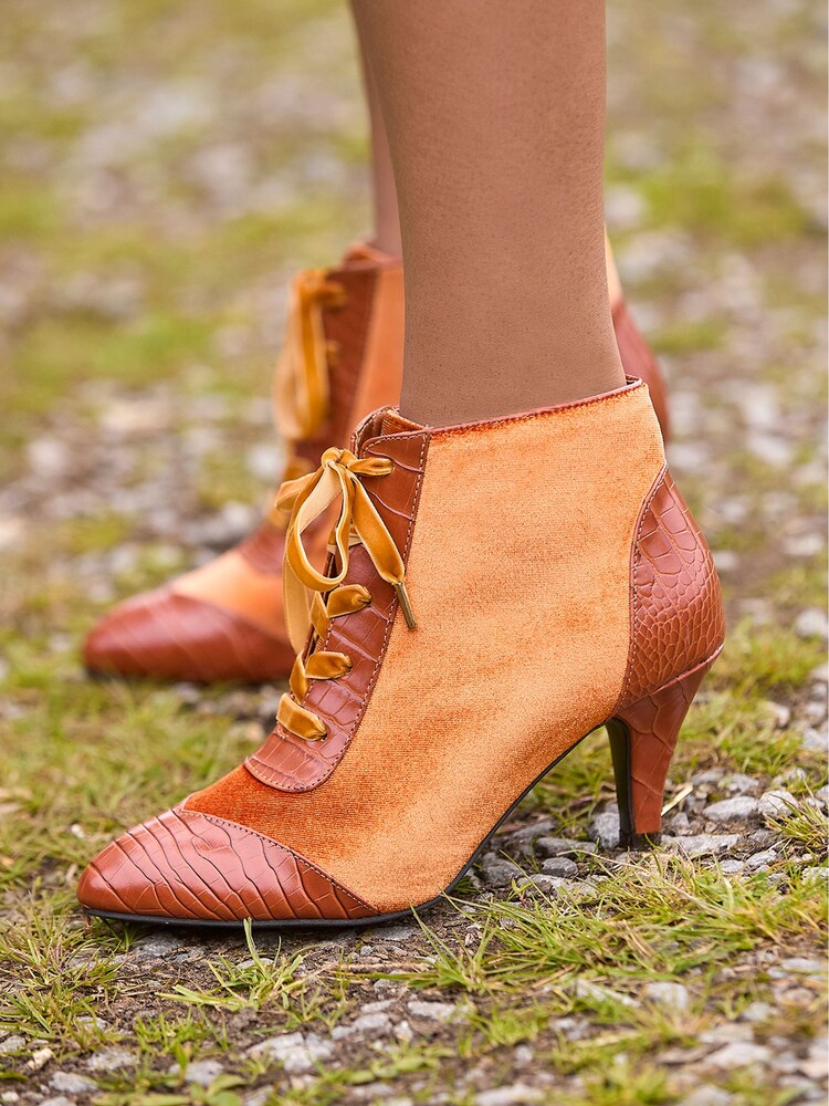 Joe Browns Brown Velvet PU Croc Heeled Ankle Boots - Image 2 of 6