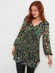Joe Browns Green Mini Floral Print Tiered Skirt Pleated Tunic Dress - Image 1 of 6