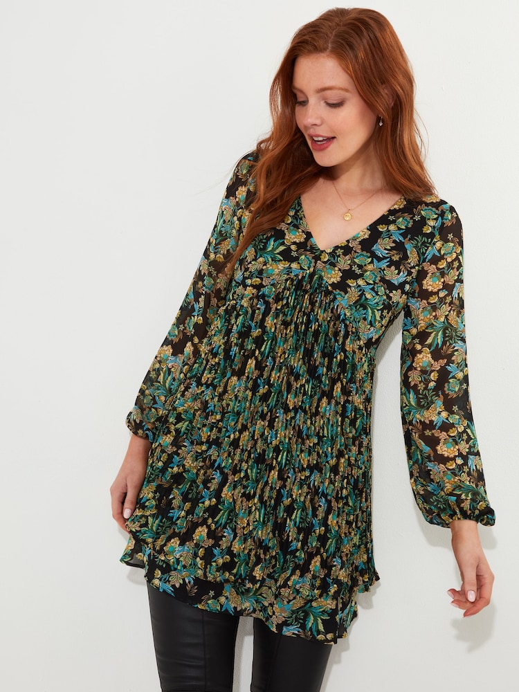Joe Browns Green Mini Floral Print Tiered Skirt Pleated Tunic Dress - Image 1 of 6