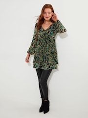 Joe Browns Green Mini Floral Print Tiered Skirt Pleated Tunic Dress - Image 2 of 6