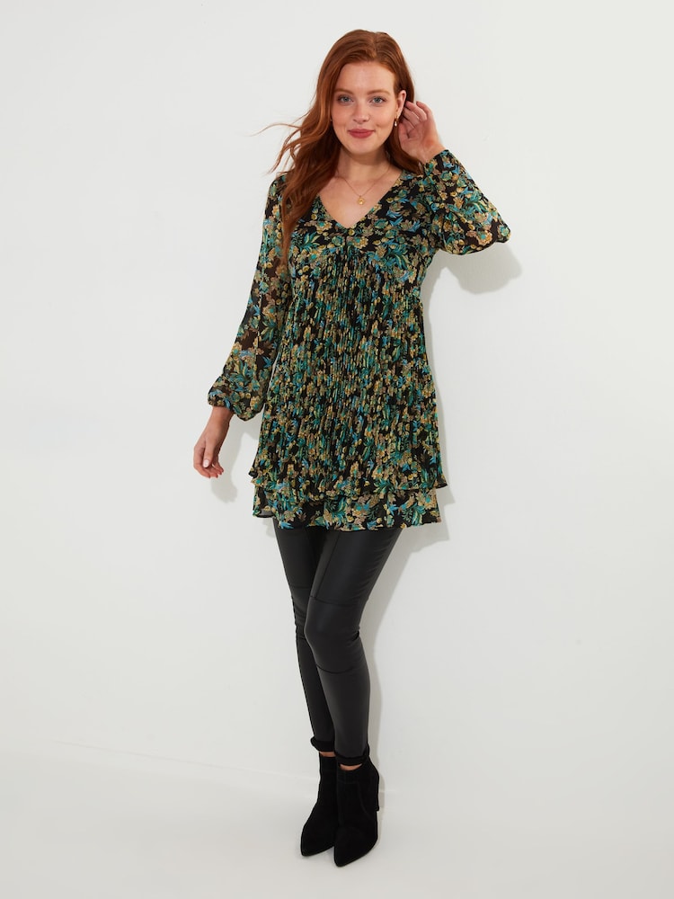 Joe Browns Green Mini Floral Print Tiered Skirt Pleated Tunic Dress - Image 2 of 6