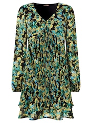 Joe Browns Green Mini Floral Print Tiered Skirt Pleated Tunic Dress - Image 5 of 6