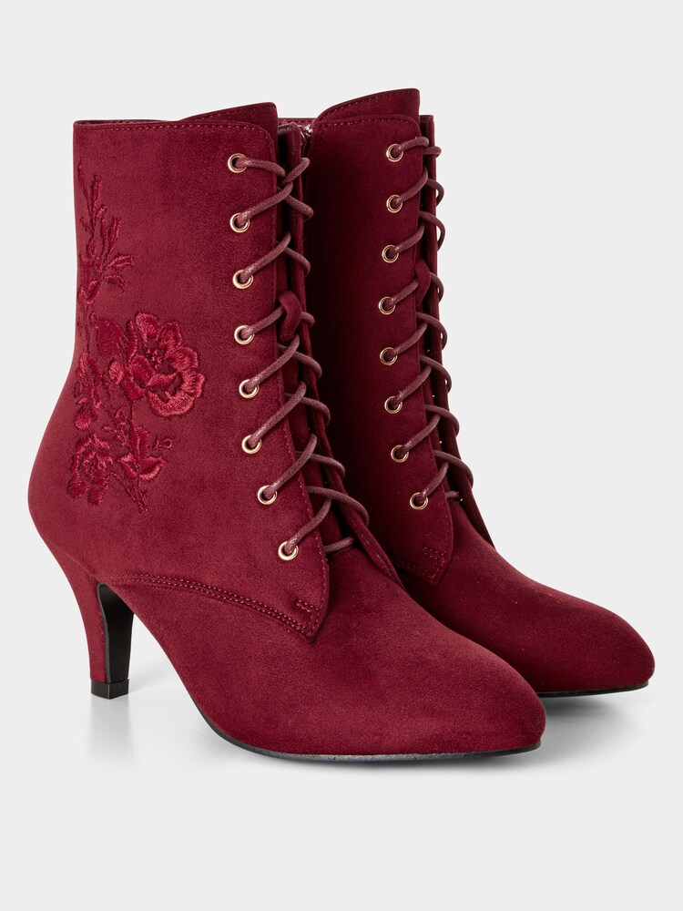 Joe Browns Red Embroidered Lace-Up Heeled Ankle Boots - Image 2 of 3