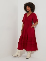 Joe Browns Red Flattering Boho Lace High Low Hem Dress - Image 3 of 8
