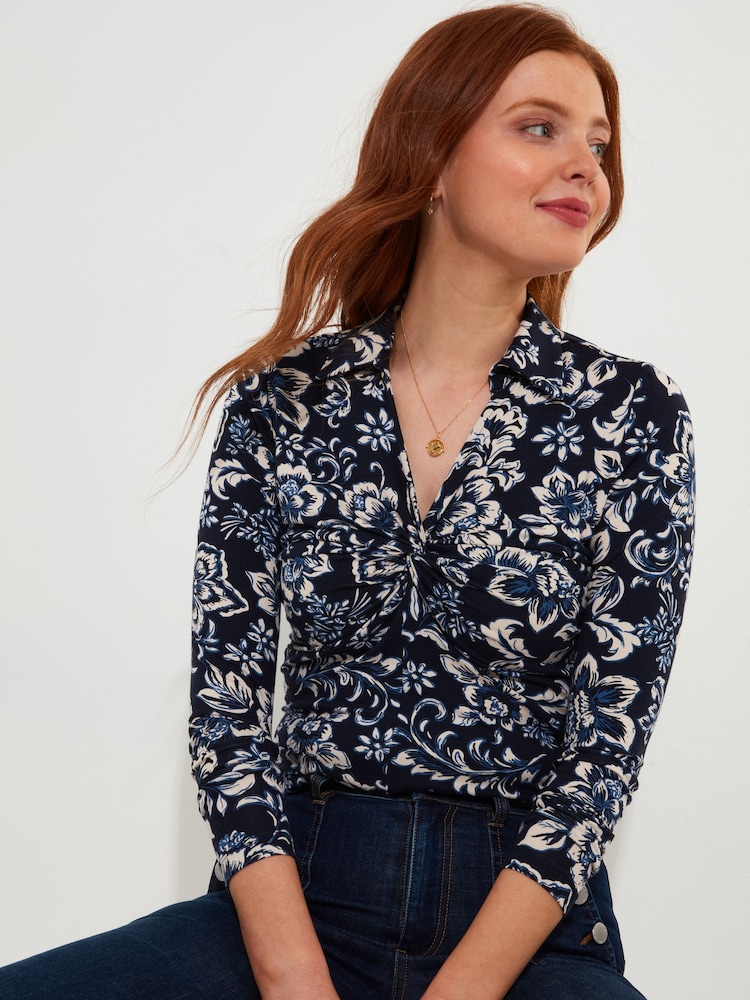 Joe Browns Blue Floral Twist Front Collared Jersey Top - Image 1 of 5