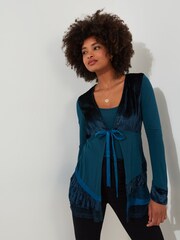 Joe Browns Blue Velour Longline Tie Front Layered Frilly Top - Image 2 of 7