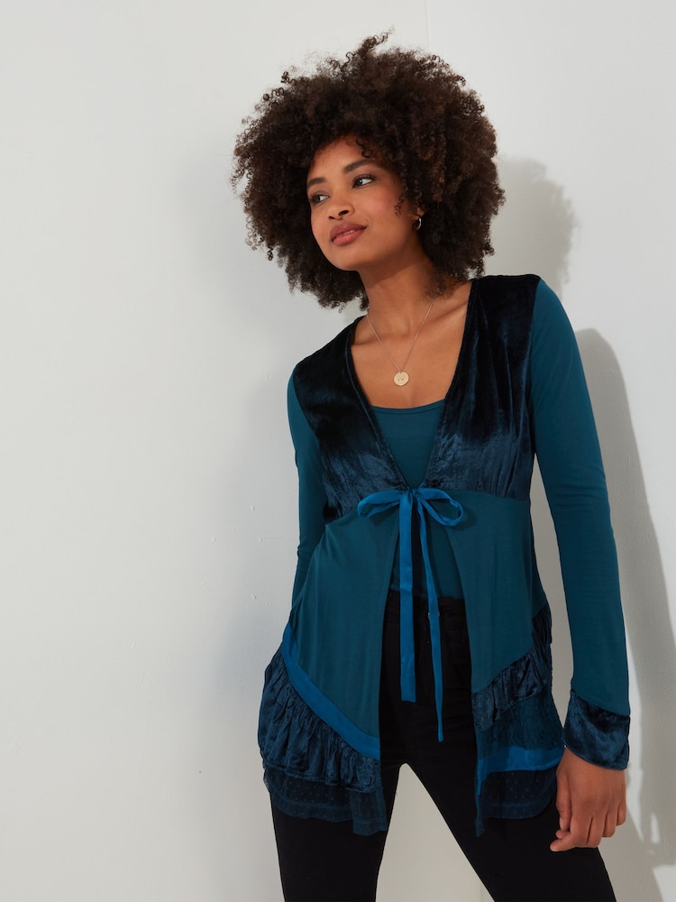 Joe Browns Blue Velour Longline Tie Front Layered Frilly Top - Image 2 of 7