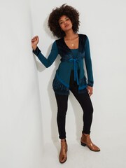 Joe Browns Blue Velour Longline Tie Front Layered Frilly Top - Image 3 of 7