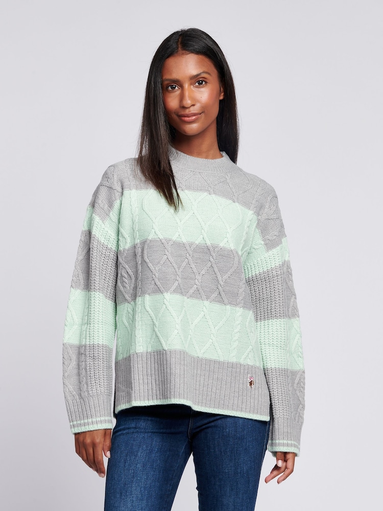 U.S. Polo Assn Green U.S. Polo Assn. Womens Green Mixed Cable Stripe Jumper - Image 1 of 5