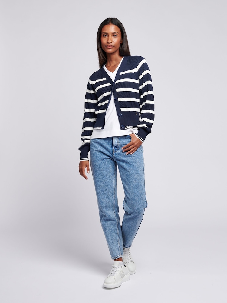U.S. Polo Assn. Blue Womens Stripe Cropped Rib Cardigan - Image 3 of 4