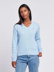 U.S. Polo Assn. Light Blue Womens V-Neck Cable Knit Jumper - Image 1 of 4