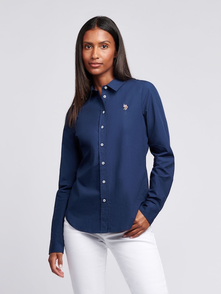 U.S. Polo Assn. Dark Blue Womens Classic Fit Poplin 100% Cotton Shirt - Image 1 of 5