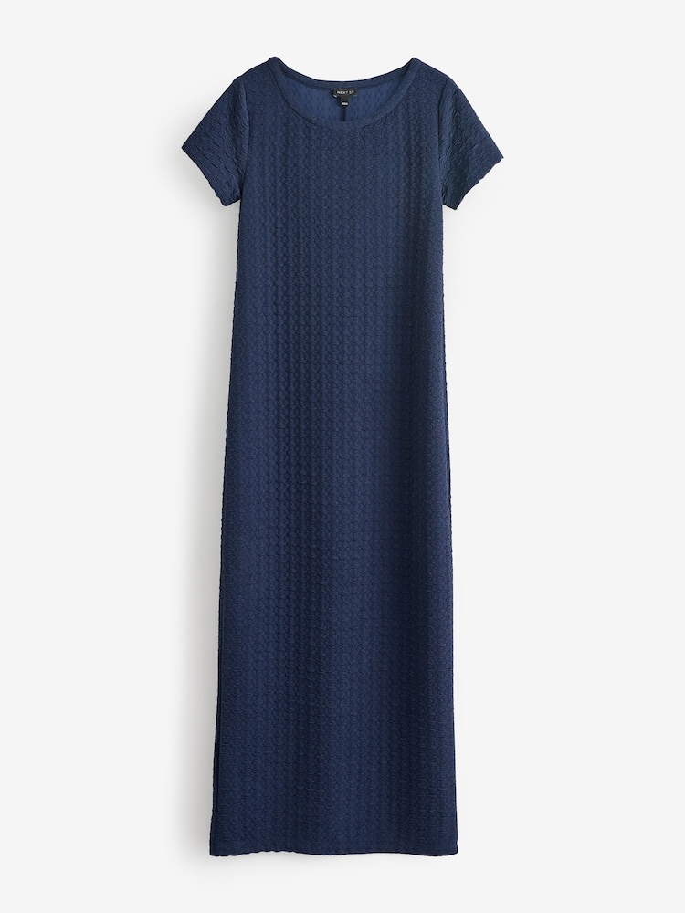 Navy Short Sleeve Textured Jersey Dress - Image 1 of 3