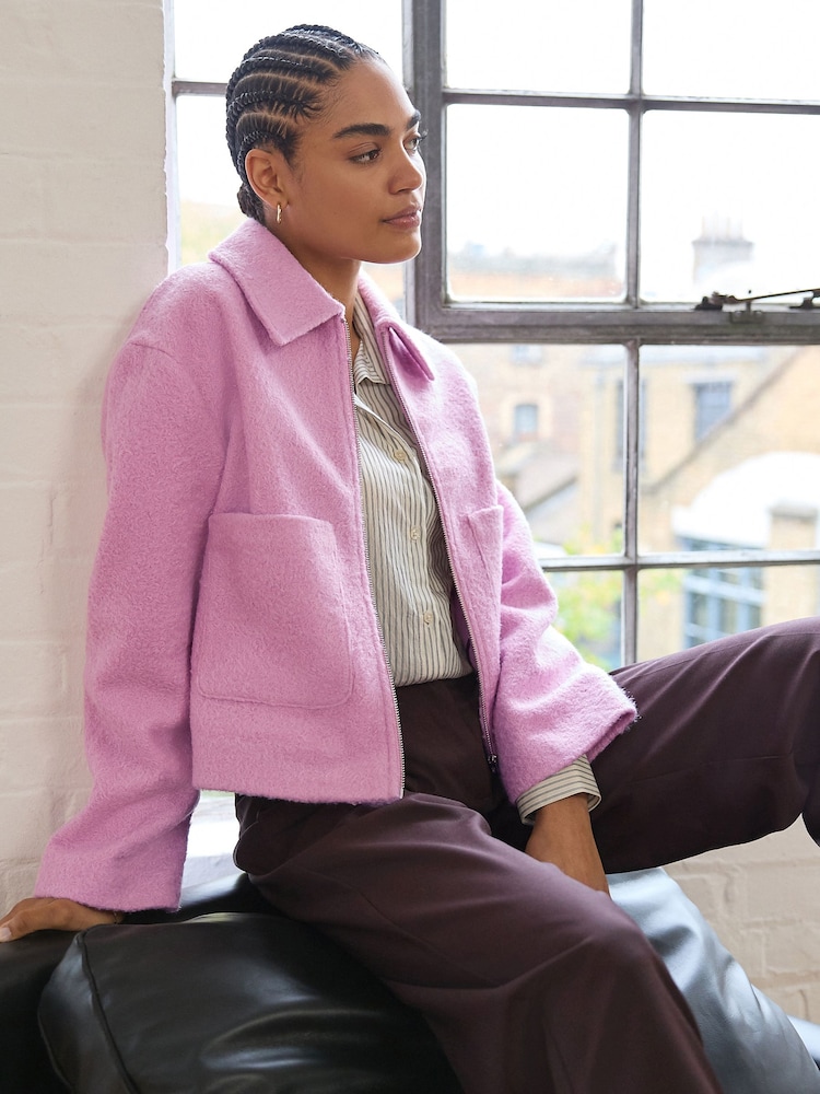 Pink Zip Through Short Textured Jacket - Image 1 of 8