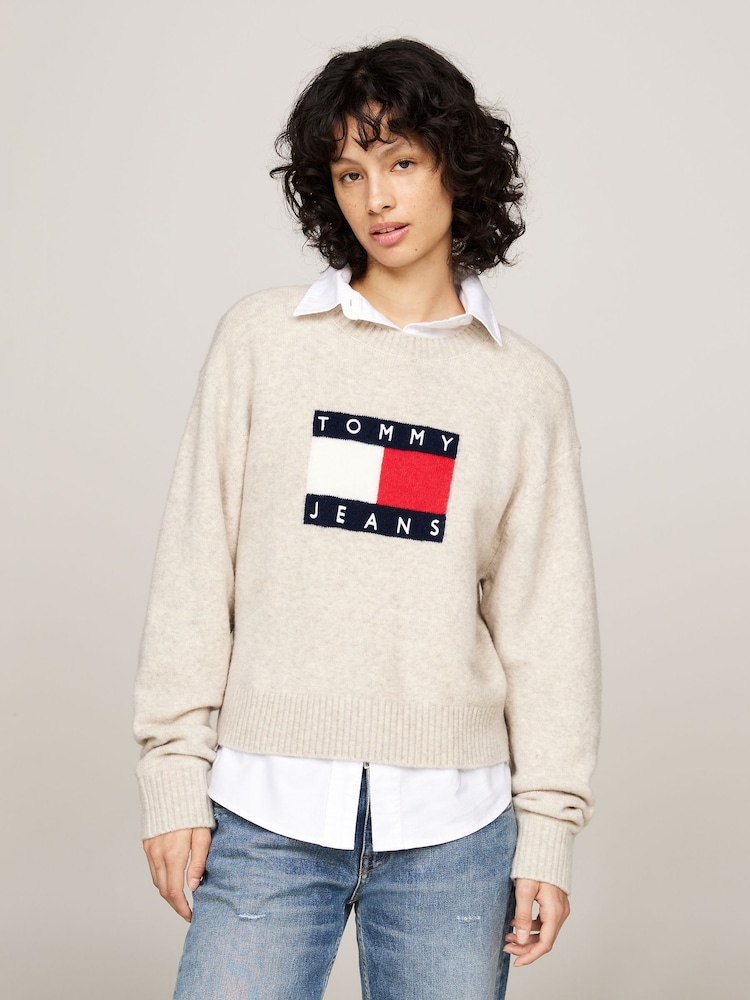 Tommy Jeans Cream Melange Flag Sweater - Image 1 of 5