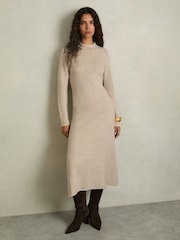 Reiss Neutral Mila Knitted Mélange Midi Dress With Cashmere - Image 3 of 8