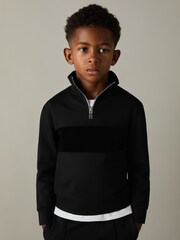 Reiss Black Selin 3-9 yrs Slim Fit Half-Zip Funnel Neck Velour Sweatshirt - Image 1 of 4
