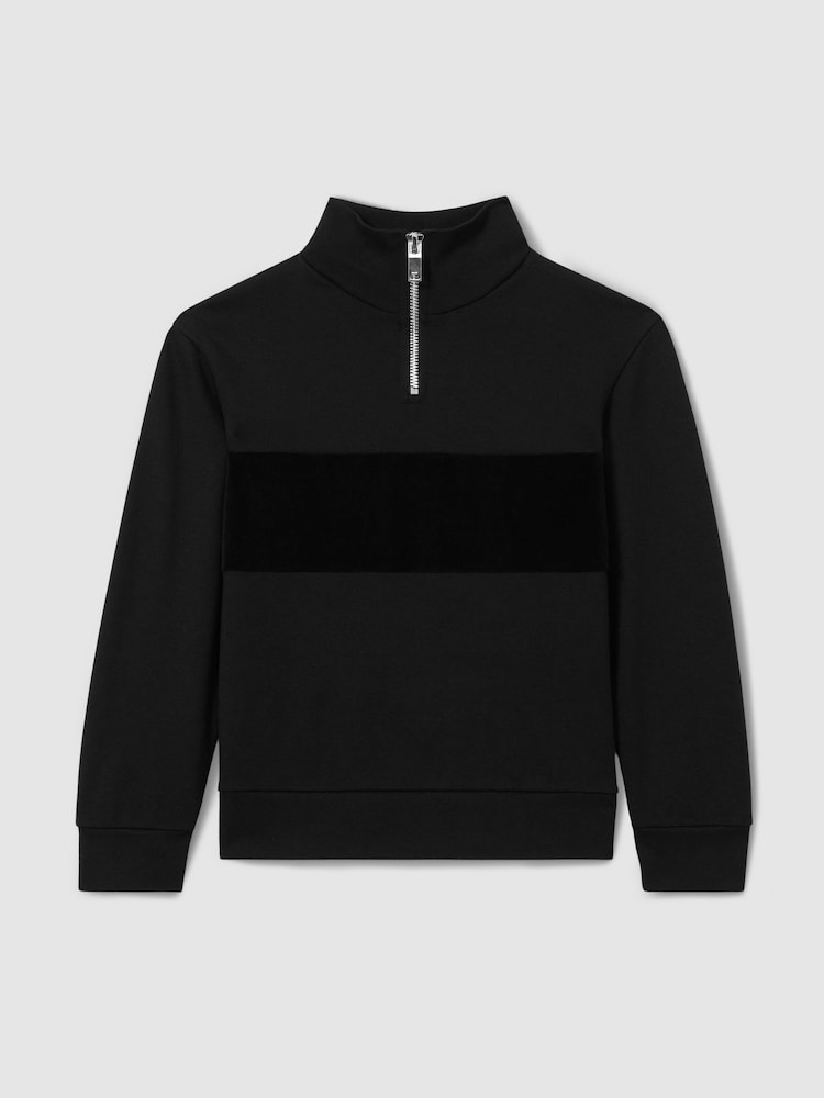 Reiss Black Selin 3-9 yrs Slim Fit Half-Zip Funnel Neck Velour Sweatshirt - Image 2 of 4