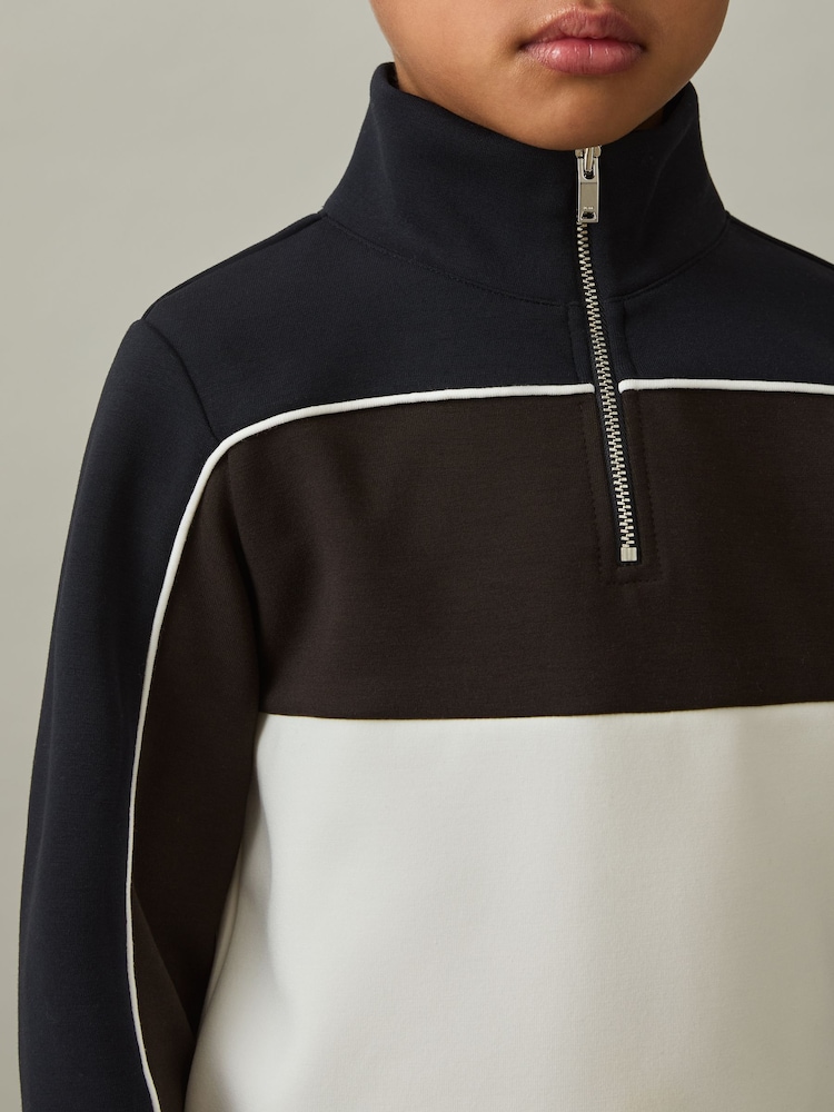Reiss Chocolate Brown/Navy/Off White Katoon 9-13 yrs Colour-Block Half-Zip Sweatshirt - Image 1 of 4