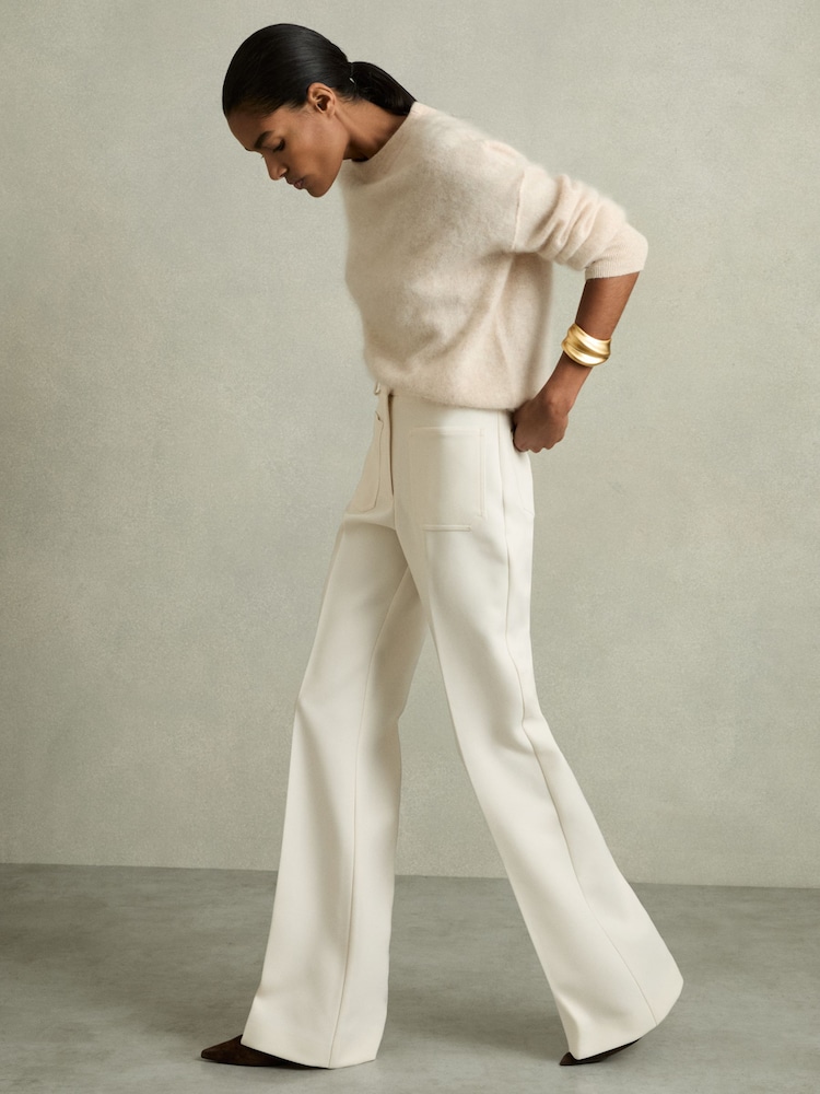Reiss Cream Priya Twill High Rise Flared Trousers - Image 1 of 6