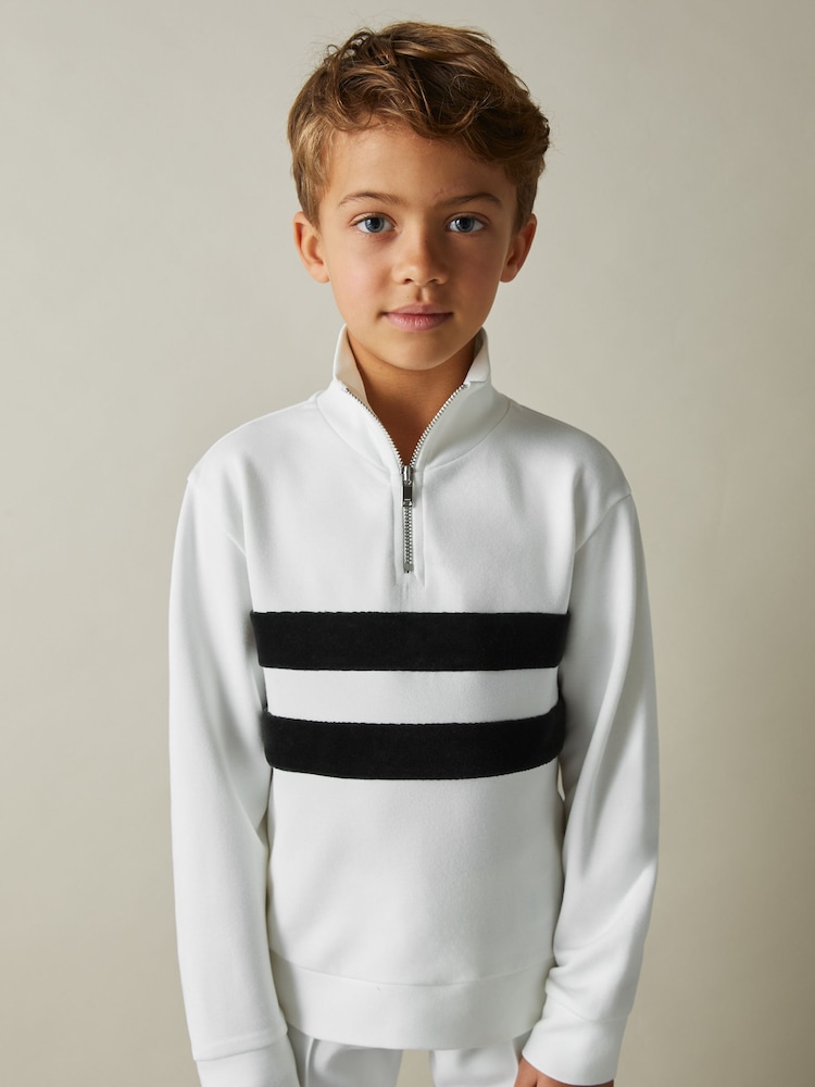 Reiss White/Emerald Green Montane 9-13 yrs Interlock Velour-Stripe Half-Zip Sweatshirt - Image 1 of 4