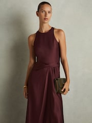Reiss Burgundy Micah Petite Satin Drape Tuck Midi Dress - Image 1 of 7