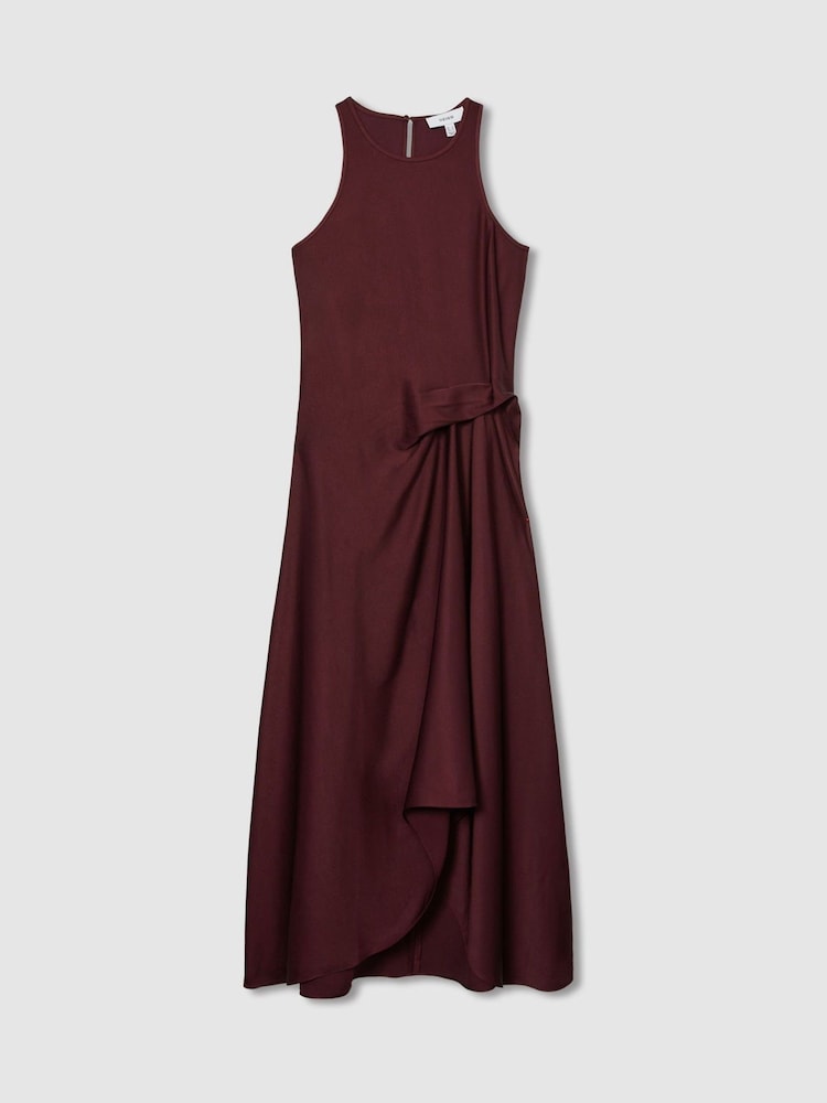 Reiss Burgundy Micah Petite Satin Drape Tuck Midi Dress - Image 2 of 7