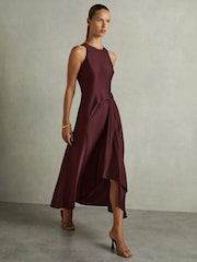Reiss Burgundy Micah Petite Satin Drape Tuck Midi Dress - Image 3 of 7