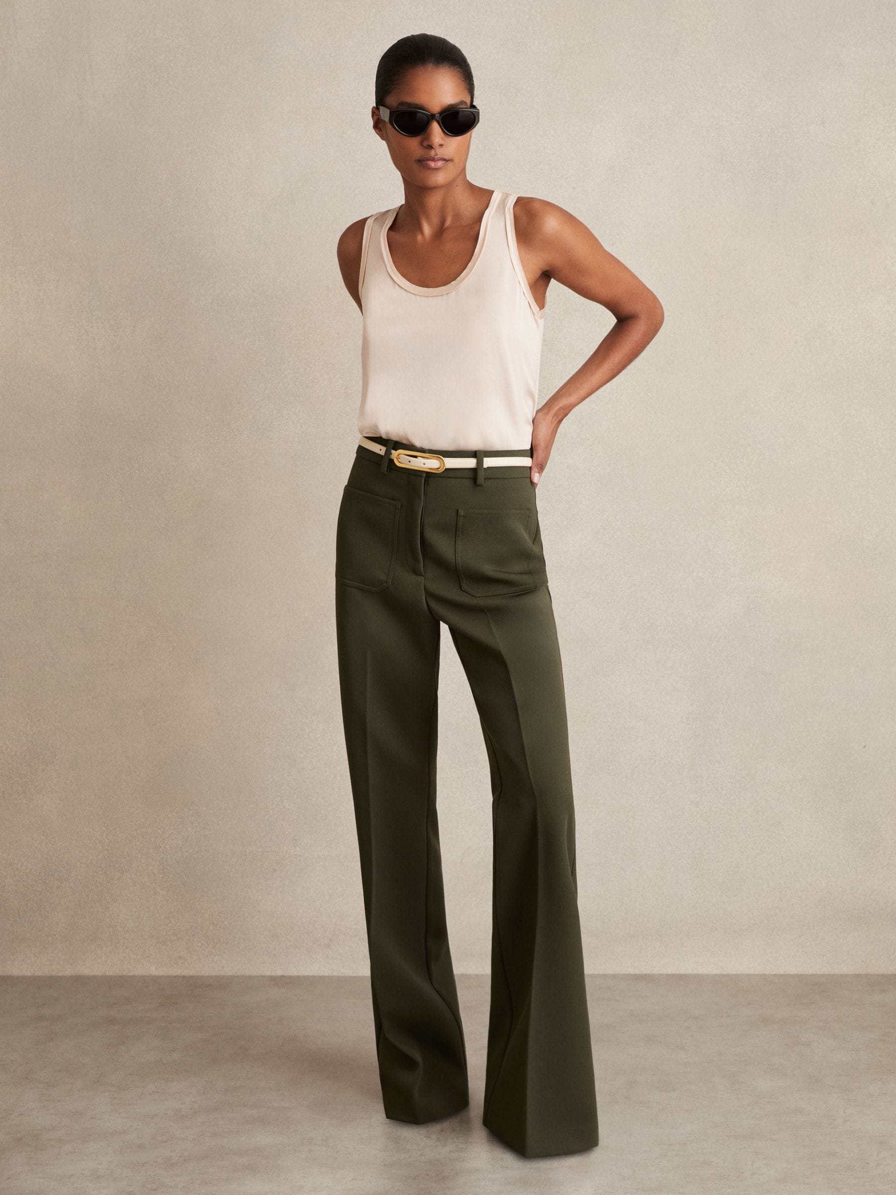 Reiss Green Twill High Rise Flared Trousers