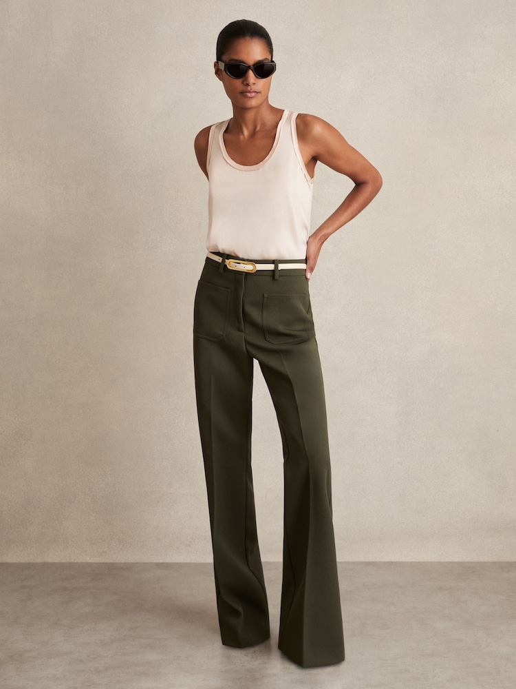 Reiss Green Priya Twill High Rise Flared Trousers - Image 1 of 6